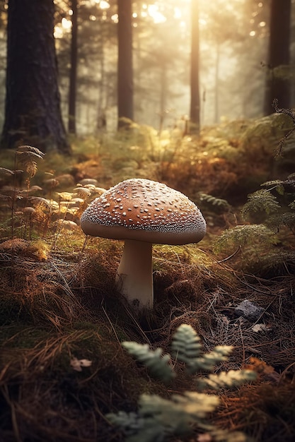 Agaric de mouche aux champignons toxiques non comestibles dans la forêt le jour d'été ensoleillé Illustration de l'IA générative