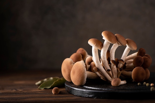 Agarics au miel de champignons forestiers sur une planche de bois, close-up