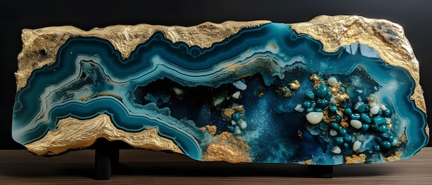 Une agate bleue et dorée posée sur une table en bois.