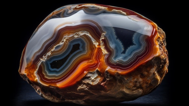 Une agate colorée est affichée sur un fond noir.