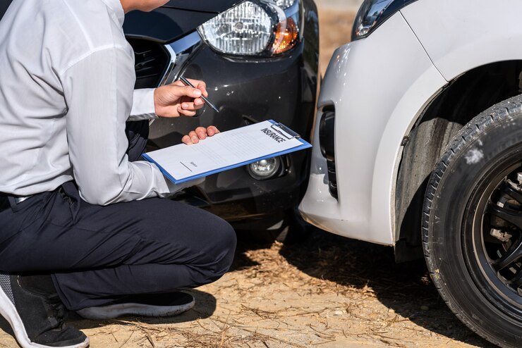 Agent d'assurance inspectant la voiture endommagée évaluée, vérifiant et signant le formulaire de réclamation d'assurance du rapport