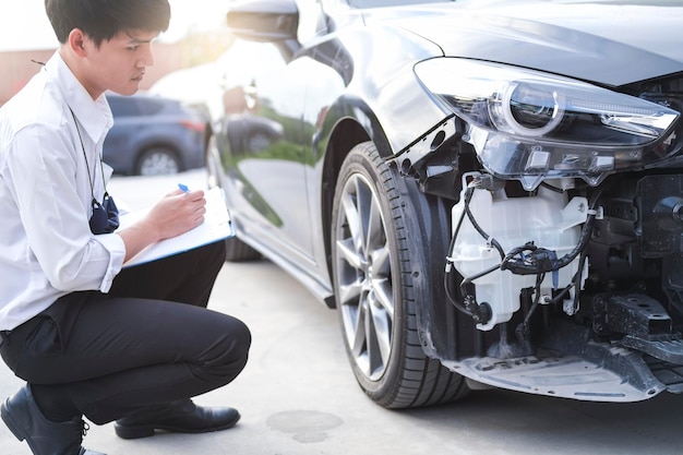 Un agent d'assurance inspecte une voiture endommagée.