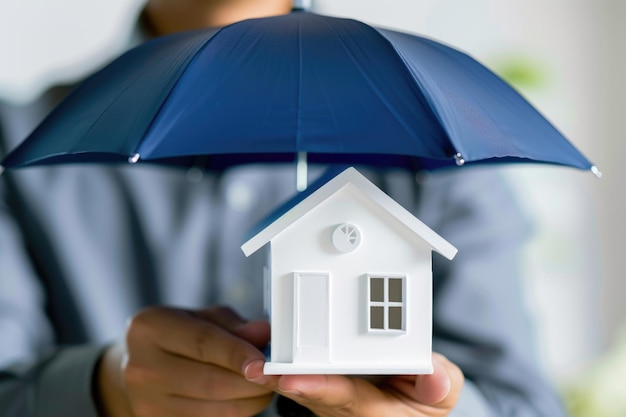 Un agent d'assurance tenant un parapluie bleu sur le modèle de la maison blanche