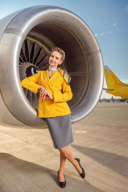 Agent de bord debout près d'un moteur d'avion à l'aéroport