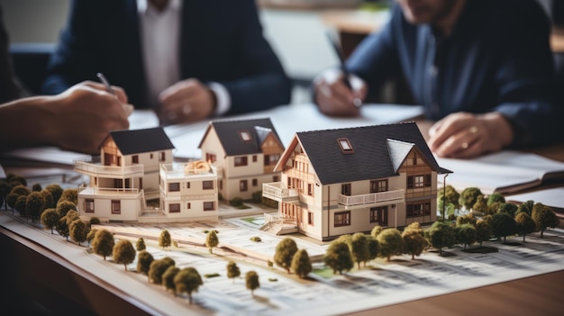 l'agent et le client acheteur signent un contrat hypothécaire Maison modèle avec agent d'appartement pour le concept d'assurance habitation immobilière