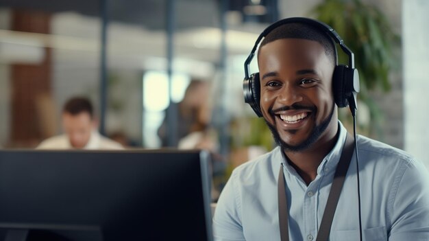 Photo l'agent commercial télévendeur au téléphone porte un casque sans fil parle consulte un client en ligne sur un ordinateur un opérateur de hotline africain travaille dans un bureau de support client conception ia