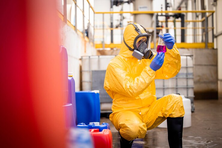 Agent de contrôle de la qualité en combinaison de protection et masque à gaz testant la qualité du produit chimique