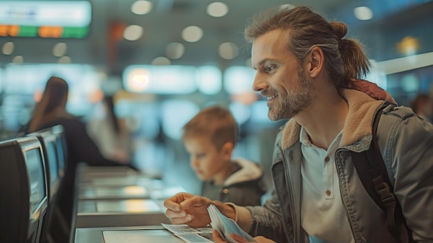 Un agent du service à la clientèle à la gare d'enregistrement de l'aéroport inspecte les billets de famille