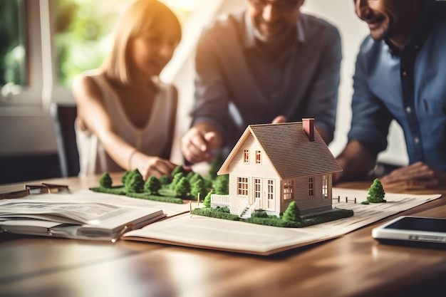 Agent immobilier ou agent immobilier signant un accord hypothécaire pour une nouvelle maison avec un couple de jeunes clie heureux