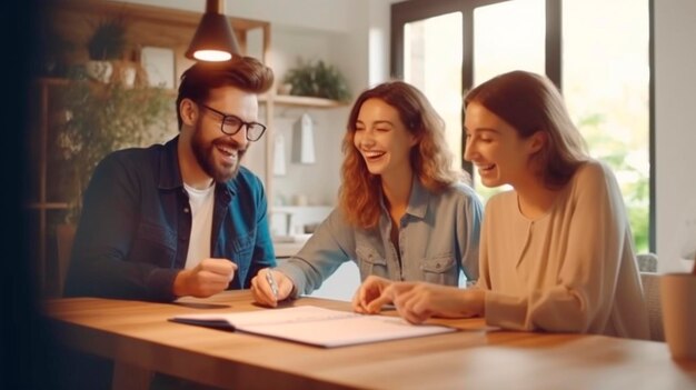 Agent immobilier ou agent immobilier signant un contrat d'hypothèque pour une nouvelle maison avec un couple de jeunes clients heureux Concept de prêt immobilier et d'achat de propriété propre IA générative