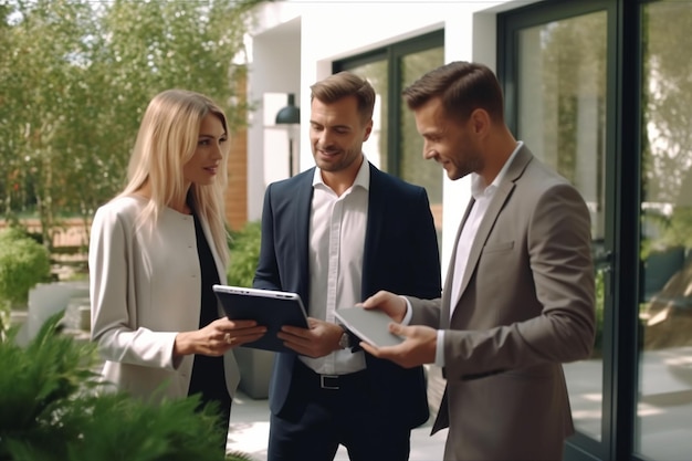 Agent immobilier professionnel montrant un emplacement de propriété chaud à un jeune couple prospère Agent immobilier féminin avec tablette marchant avec la famille jusqu'à la maison Nouveaux propriétaires Ralenti