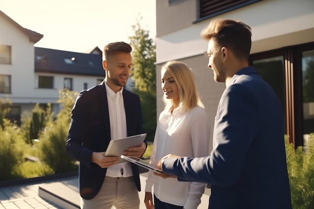 Photo agent immobilier professionnel montrant un emplacement de propriété chaud à un jeune couple prospère agent immobilier féminin avec tablette marchant avec la famille jusqu'à la maison nouveaux propriétaires ralenti