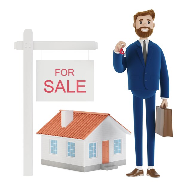 Photo un agent immobilier prospère tient une clé dans sa main et vend, loue une maison. illustration 3d.