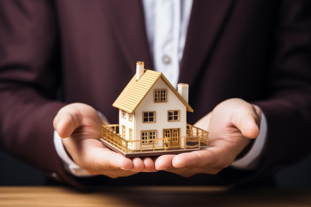 Agent immobilier retraité homme mains tenant maison modèle assurance homme d'affaires investissant privé