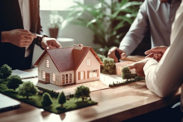 Agent immobilier signant un contrat de prêt hypothécaire pour une maison avec des clients Prêt immobilier Génératif ai