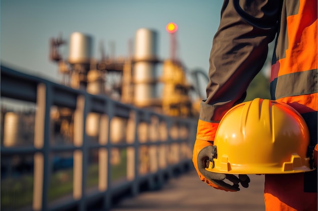 agent de sécurité vue arrière portant un casque de sécurité supervisant sur le chantier IA générative