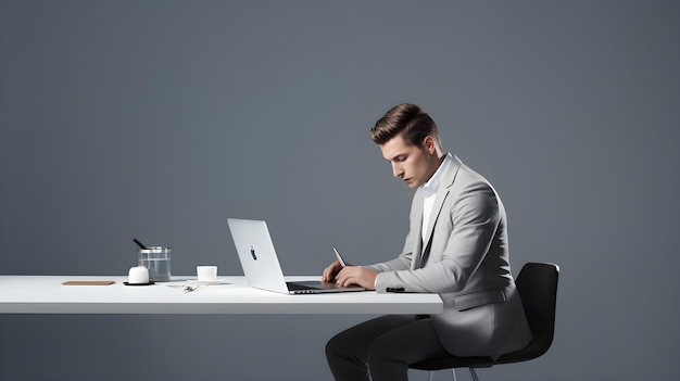 Un agent de support technique à un bureau isolé sur un gris clair calme