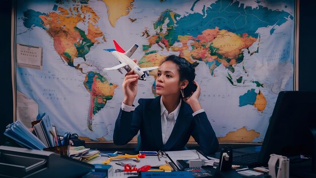 Agent de voyages assis derrière son lieu de travail jouant avec un avion jouet service d'agence assi