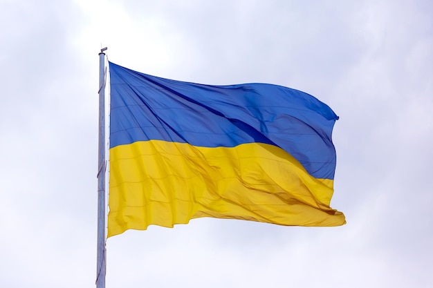 Agitant dans le vent le drapeau national de l'Ukraine contre le ciel bleu