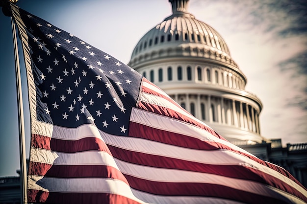 Agitant le drapeau américain avec Capitol Hill au loin