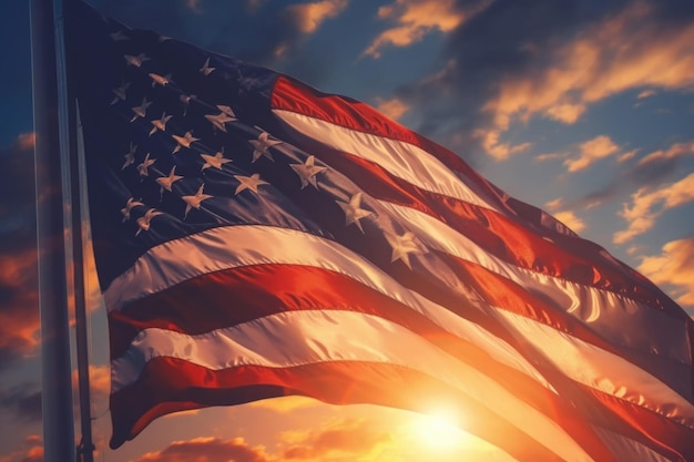 Agitant le drapeau des États-Unis sur fond de coucher de soleil AI générative