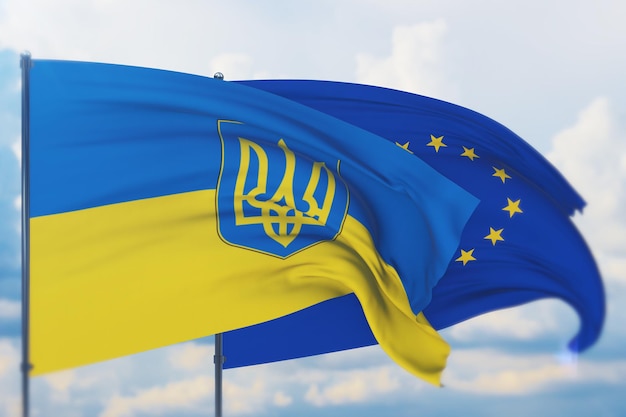 Agitant le drapeau de l'union européenne et le drapeau de l'ukraine vue rapprochée d'illustration