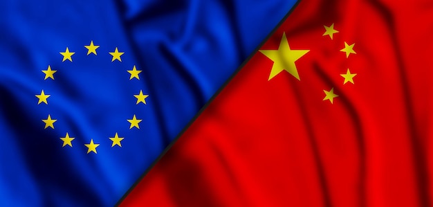 Agitant des drapeaux de l'UE de l'Union européenne et de la Chine