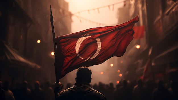 Photo agitant magnifiquement le drapeau de la turquie ia générative