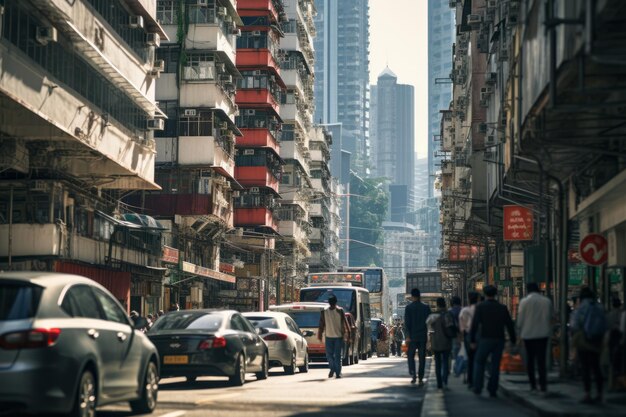 L'agitation urbaine Une scène captivante de piétons au milieu de la circulation animée et des gratte-ciel imposants