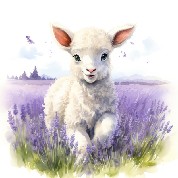 Un agneau aquarelle câlin gambadant au milieu des champs de lavande généré par l'IA