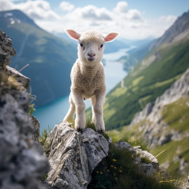 Photo un agneau au milieu d'une falaise.