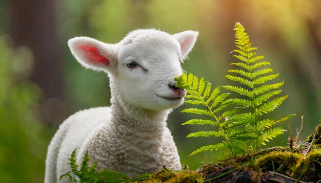 Un agneau blanc de printemps qui sent une feuille de fougère