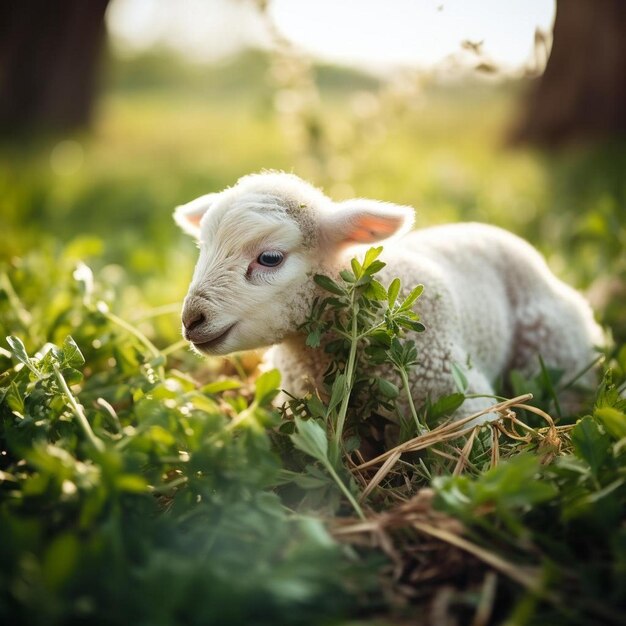 Photo un agneau est allongé dans l'herbe avec des fleurs