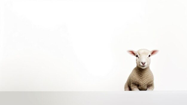 Photo un agneau est assis sur une table devant un mur blanc.