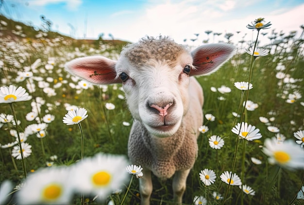 un agneau femelle se tient dans un champ avec des marguerites en face de lui dans le style de l'humour rencontre le cœur