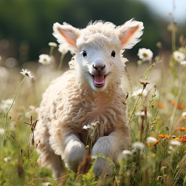 Un agneau innocent qui joue dans une prairie de printemps
