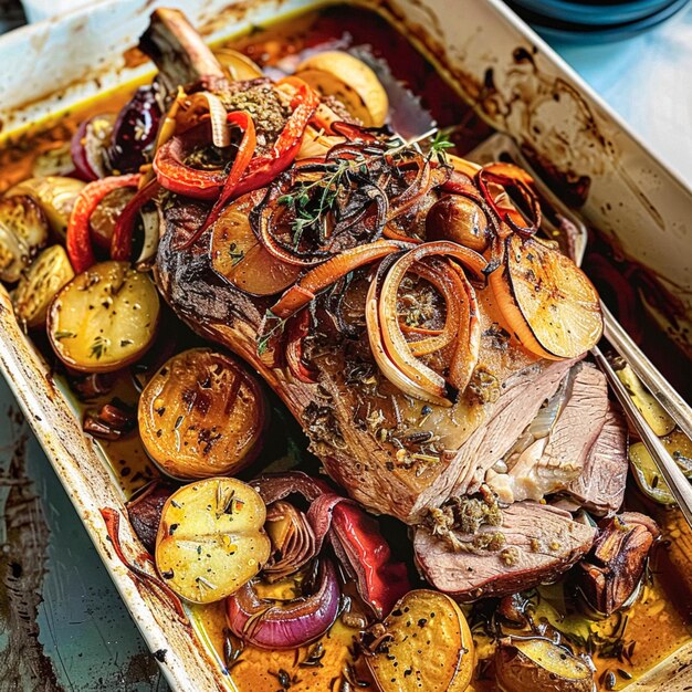 Photo agneau rôti avec des légumes dans un style rustique