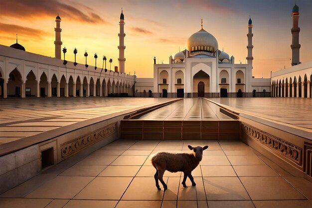 Un agneau se tient devant une mosquée au coucher du soleil.