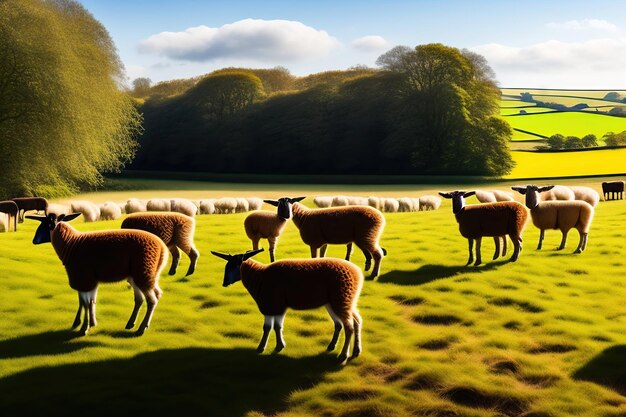 agneaux à la campagne au soleil