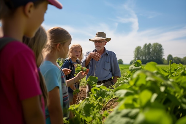 Photo un agriculteur adulte guide un groupe d'écoliers lors d'une visite de la ferme ia générative