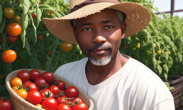 Agriculteur afro-américain avec récolte de tomates dans une serre Concept d'agriculture horticole et de produits biologiques IA générative