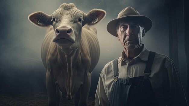 Un agriculteur d'âge mûr sourit fièrement devant la caméra lors de son travail dans une ferme rurale avec des vaches