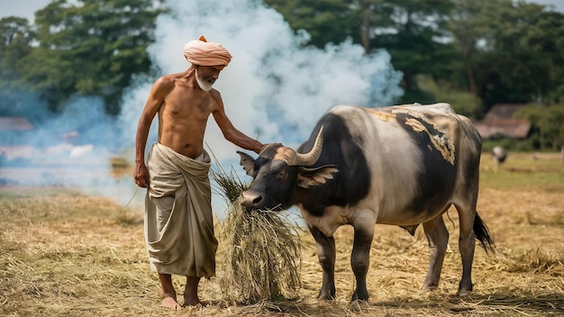 Agriculteur âgé sans chemise et turban dans le t-shirt nourrissant de l'herbe sèche ou de la paille et touchant le buffle