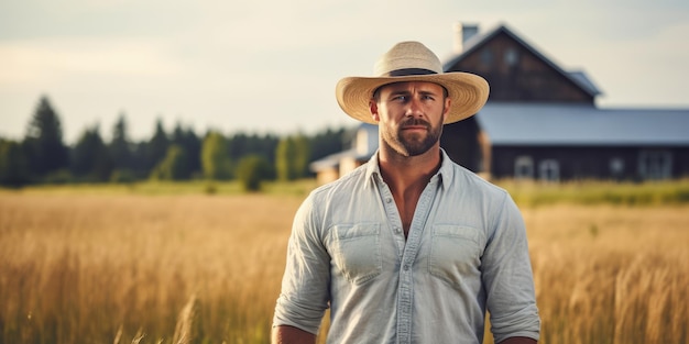 Un agriculteur américain blanc adulte en chapeau est debout dans le domaine agricole avec un bâtiment qui est loin