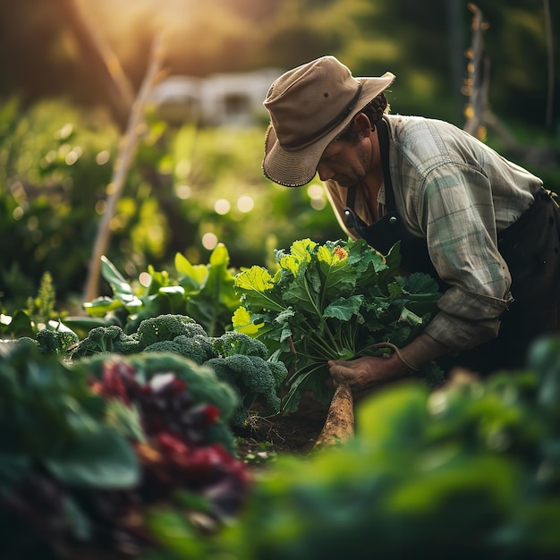 Agriculteur anonyme récoltant des légumes frais Ai génératif