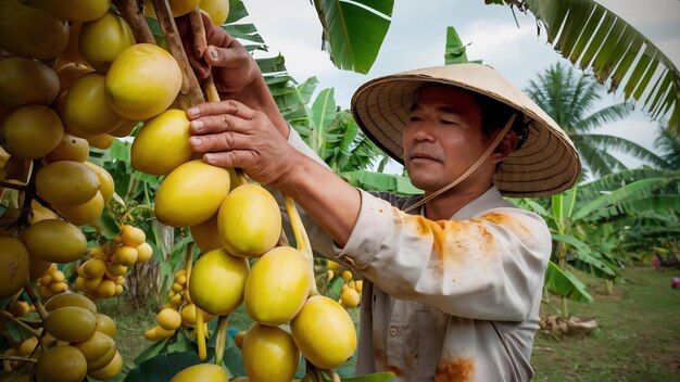 Photo un agriculteur asiatique âgé récolte des prunes mariennes jaunes fraîches ou des fruits de gandaria, du maprang ou du mayongc.