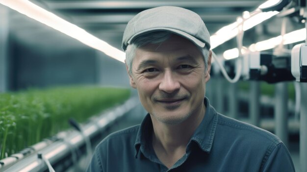 Un agriculteur asiatique ambitieux regardant la caméra dans la ferme intérieure souriant joyeusement Generative AI AIG 20