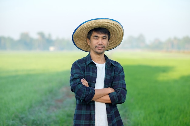 Agriculteur asiatique avec chapeau debout et pose avec les bras croisés à la ferme de riz vert.