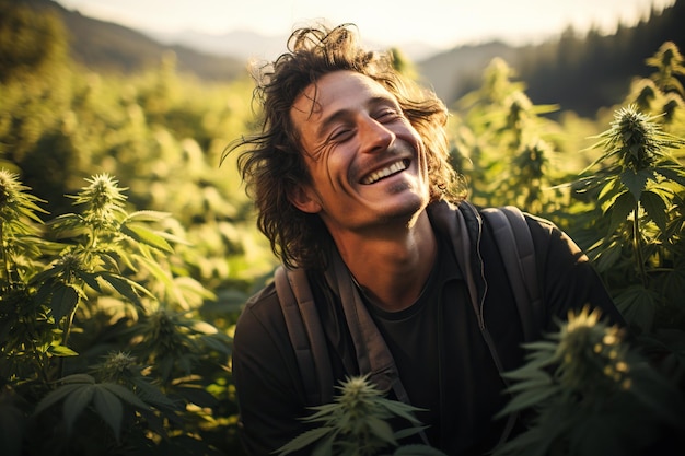 un agriculteur blanc heureux rit dans un champ de plantation de marijuana