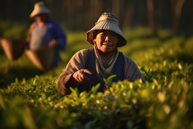 Agriculteur chinois à la plantation de thé Illustration générée par l'IA